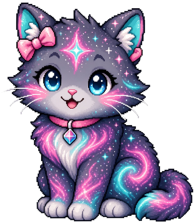 Rift Kitten, an 8-bit pixel kitten with charcoal grey fur swirled with pink, white and teal galaxy patterns. She has a big pink bow on one ear, a pink and teal star mark on her forehead, big glossy blue eyes and a pink collar with a crystal charm.