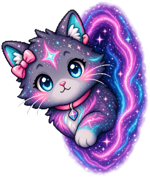 Rift Kitten, an 8-bit pixel kitten with charcoal fur swirled with pink, white and teal, peeking out of a glowing pink and purple rift portal. She has big glossy blue eyes, a pink bow on one ear and a pink collar with a crystal charm.