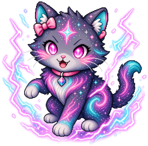 Rift Kitten in Rift Surge mode: glowing pink-magenta eyes and crackling pink and teal rift lightning all around her.